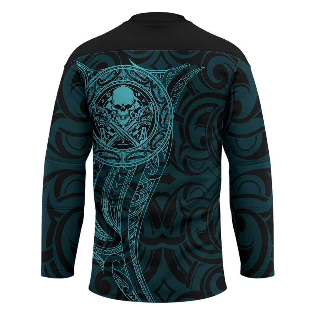 New Zealand Skull Darts Hockey Jersey Aotearoa Maori Chest Tattoo Stylized Teal - Polynesian Pride