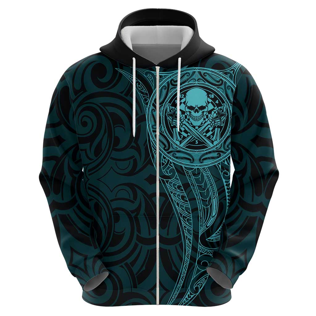 New Zealand Skull Darts Hoodie Aotearoa Maori Chest Tattoo Stylized Teal - Polynesian Pride