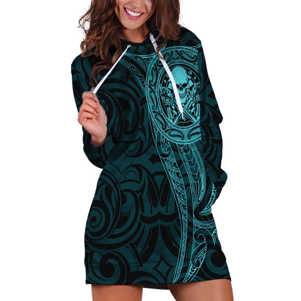 New Zealand Skull Darts Hoodie Dress Aotearoa Maori Chest Tattoo Stylized Teal - Polynesian Pride