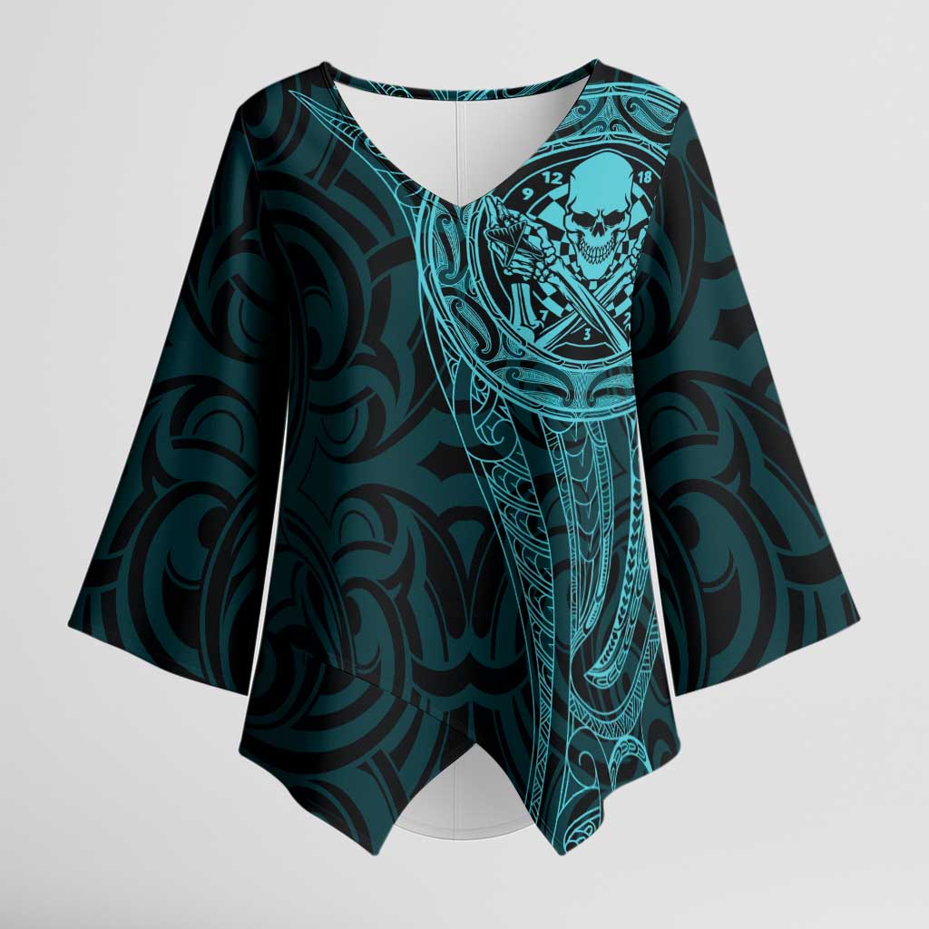 New Zealand Skull Darts Kimono Sleeve Blouse Aotearoa Maori Chest Tattoo Stylized Teal - Polynesian Pride