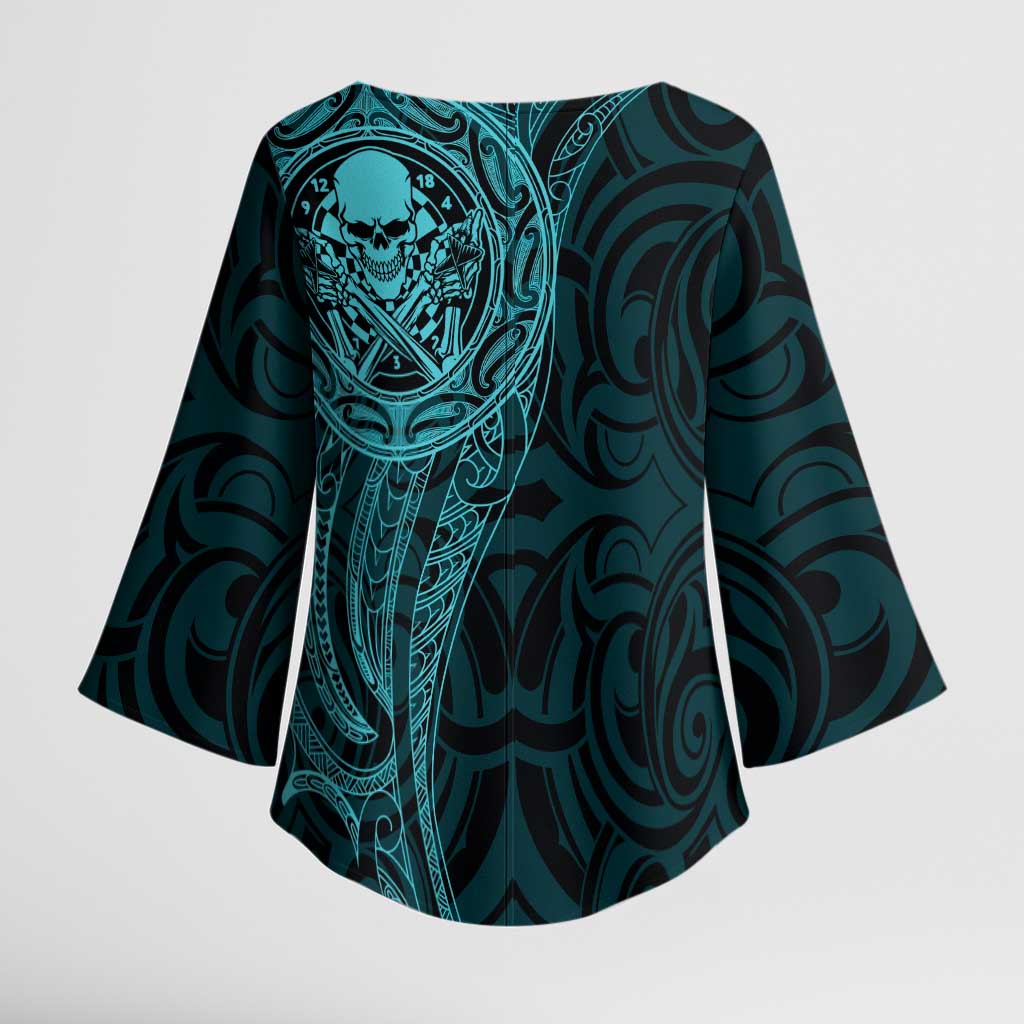 New Zealand Skull Darts Kimono Sleeve Blouse Aotearoa Maori Chest Tattoo Stylized Teal - Polynesian Pride