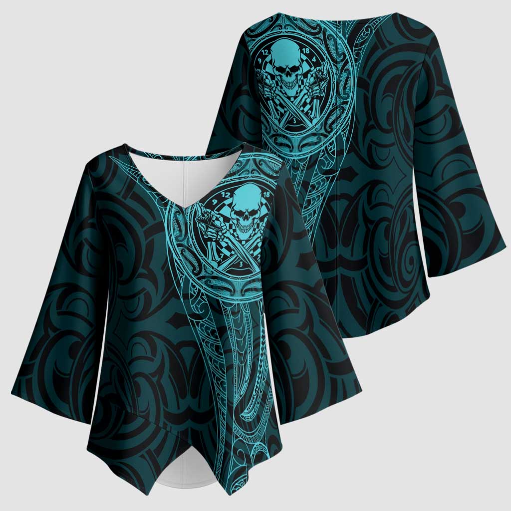 New Zealand Skull Darts Kimono Sleeve Blouse Aotearoa Maori Chest Tattoo Stylized Teal - Polynesian Pride