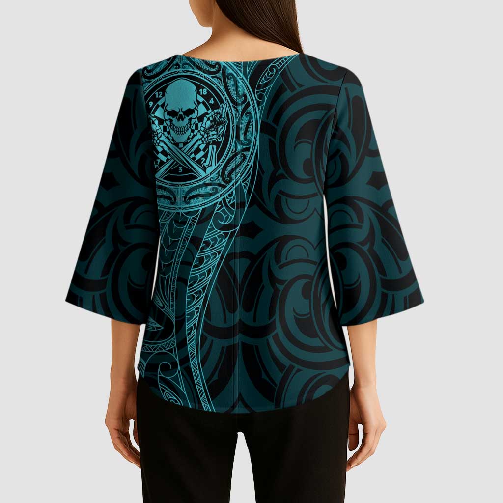 New Zealand Skull Darts Kimono Sleeve Blouse Aotearoa Maori Chest Tattoo Stylized Teal - Polynesian Pride