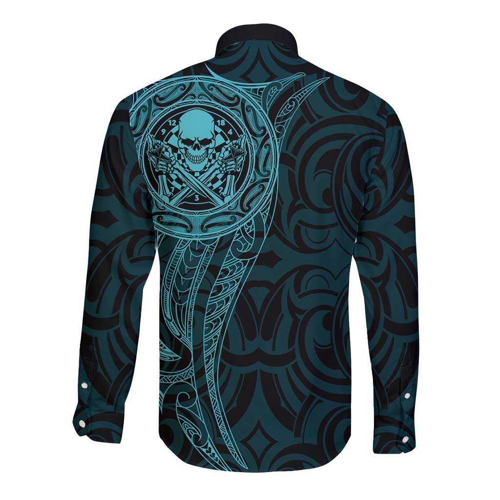 New Zealand Skull Darts Long Sleeve Button Shirt Aotearoa Maori Chest Tattoo Stylized Teal - Polynesian Pride