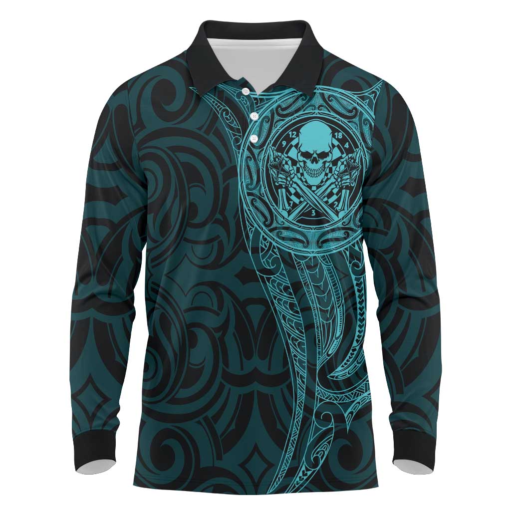 New Zealand Skull Darts Long Sleeve Polo Shirt Aotearoa Maori Chest Tattoo Stylized Teal - Polynesian Pride