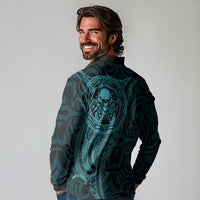 New Zealand Skull Darts Long Sleeve Polo Shirt Aotearoa Maori Chest Tattoo Stylized Teal - Polynesian Pride