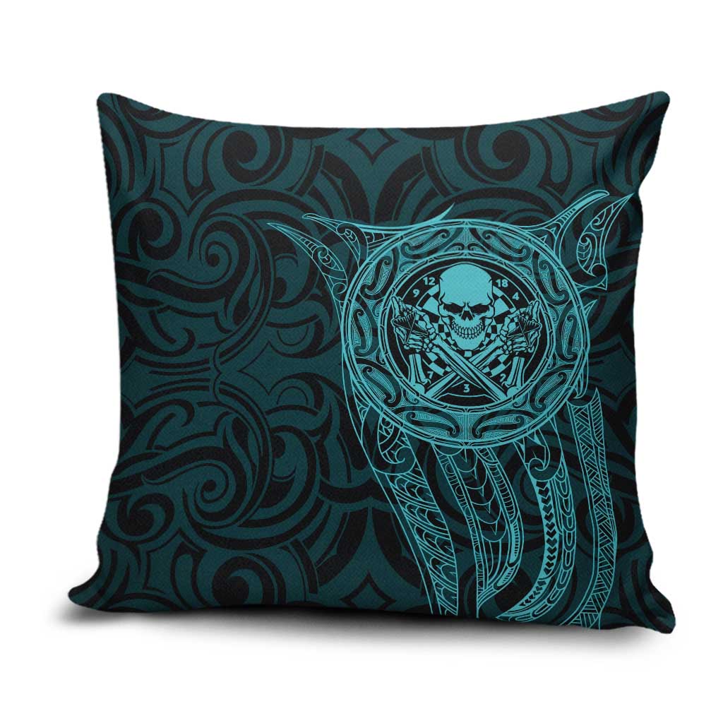 New Zealand Skull Darts Pillow Cover Aotearoa Maori Chest Tattoo Stylized Teal - Polynesian Pride