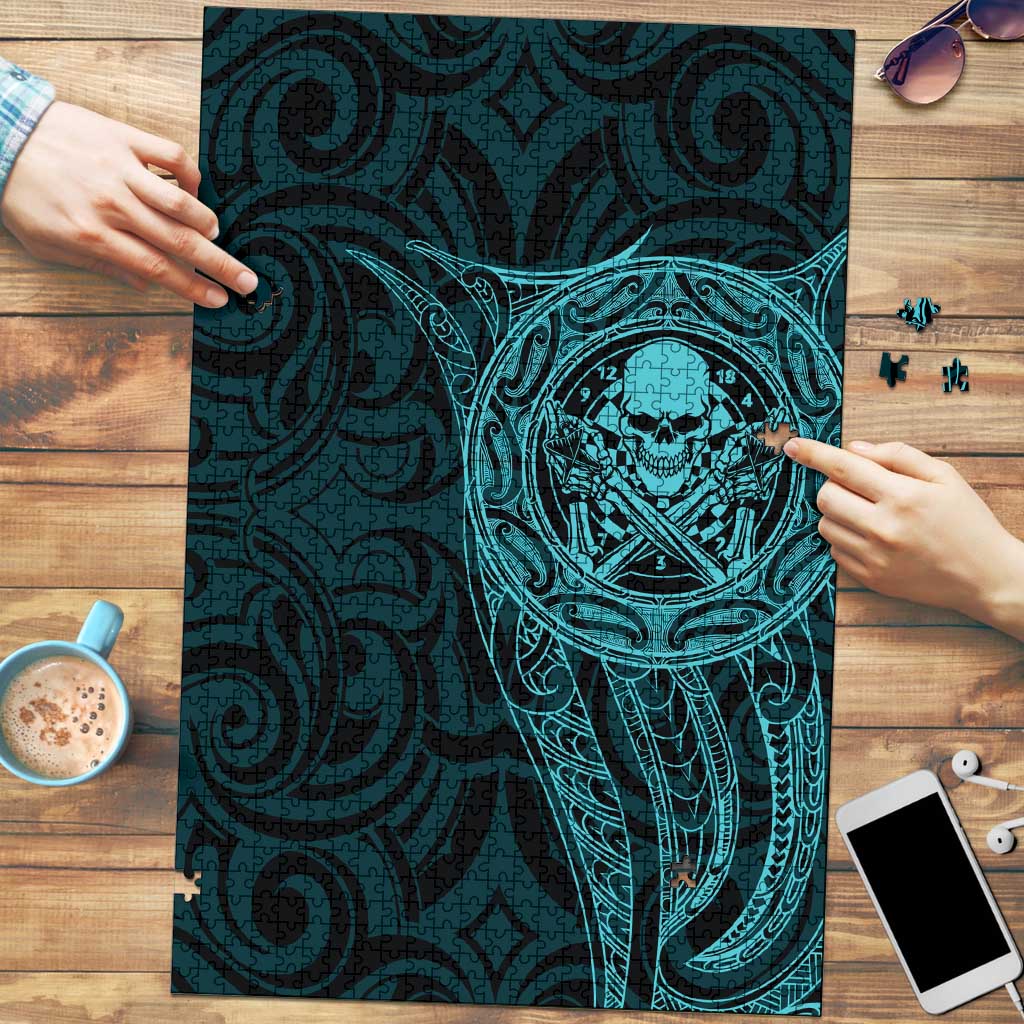 New Zealand Skull Darts Puzzle Aotearoa Maori Chest Tattoo Stylized Teal - Polynesian Pride