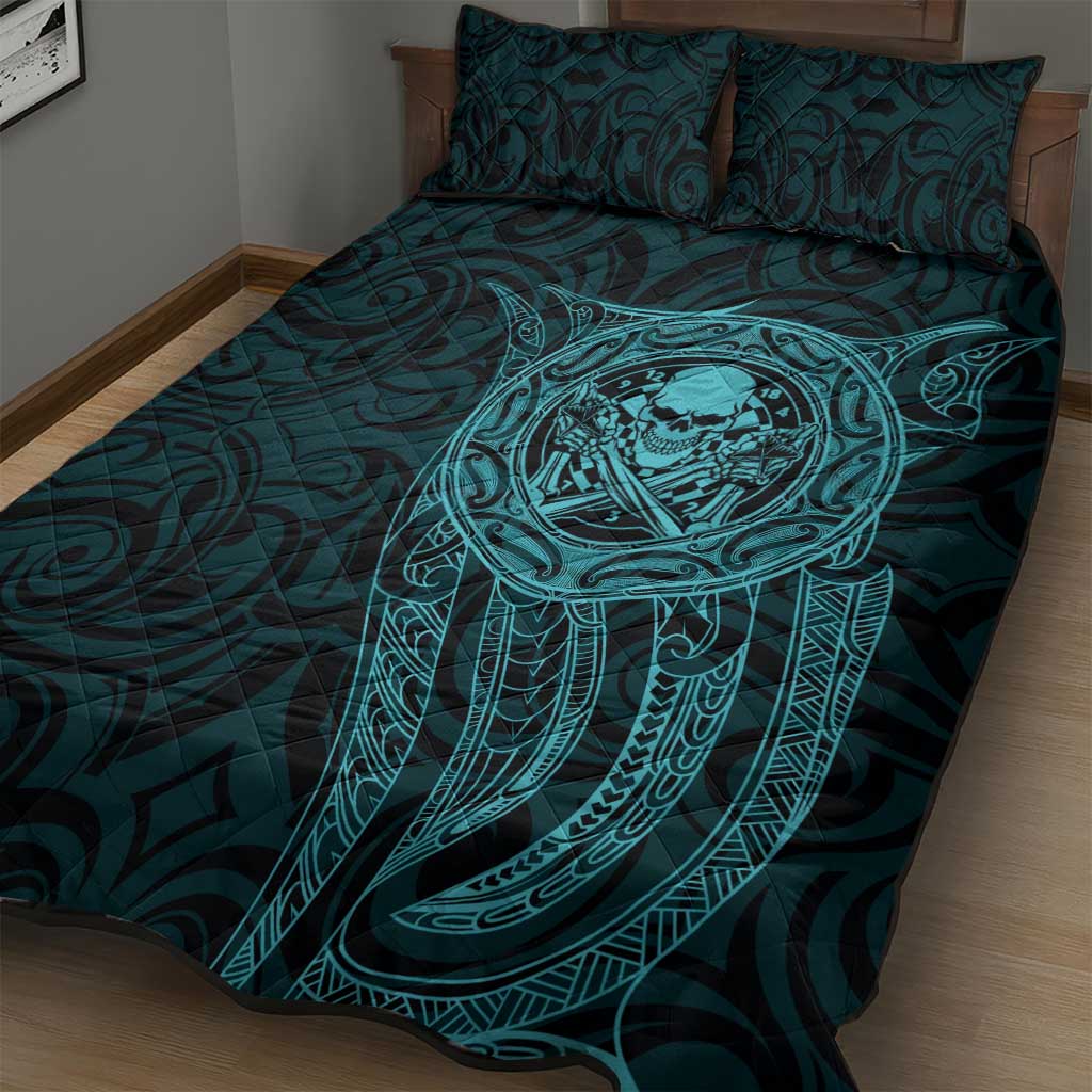 New Zealand Skull Darts Quilt Bed Set Aotearoa Maori Chest Tattoo Stylized Teal - Polynesian Pride