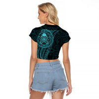 New Zealand Skull Darts Raglan Cropped T Shirt Aotearoa Maori Chest Tattoo Stylized Teal - Polynesian Pride