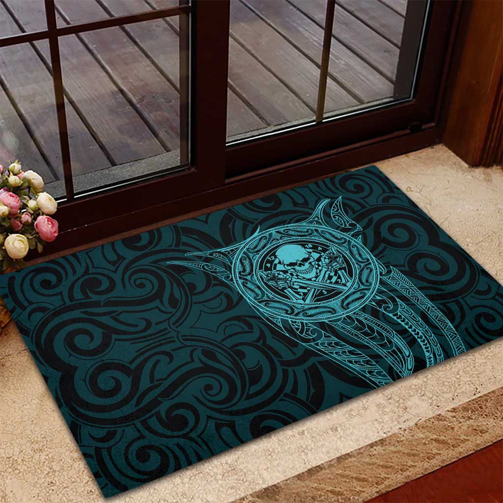 New Zealand Skull Darts Rubber Doormat Aotearoa Maori Chest Tattoo Stylized Teal - Polynesian Pride
