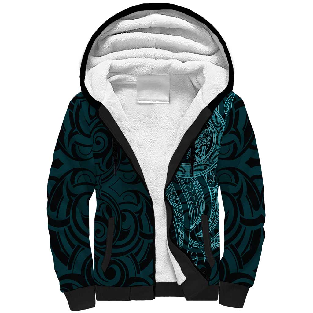 New Zealand Skull Darts Sherpa Hoodie Aotearoa Maori Chest Tattoo Stylized Teal - Polynesian Pride