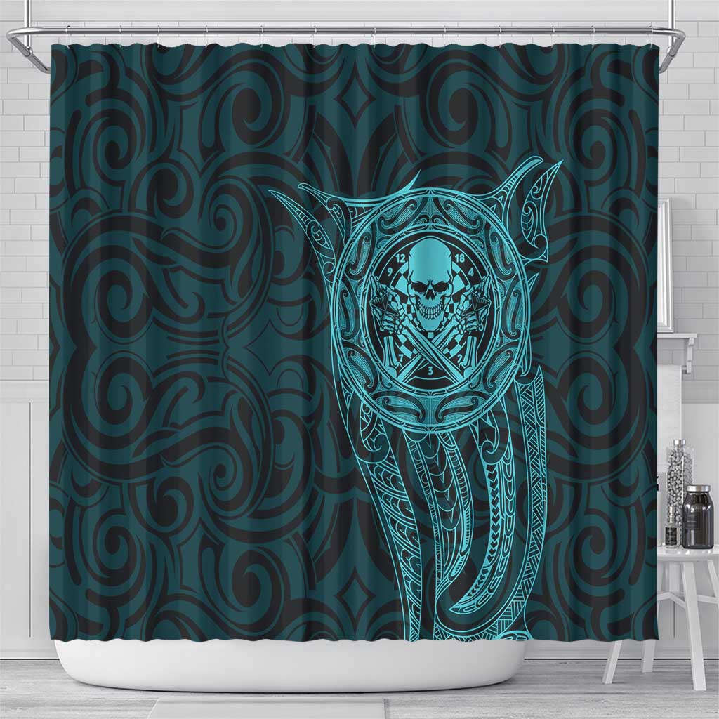 New Zealand Skull Darts Shower Curtain Aotearoa Maori Chest Tattoo Stylized Teal - Polynesian Pride