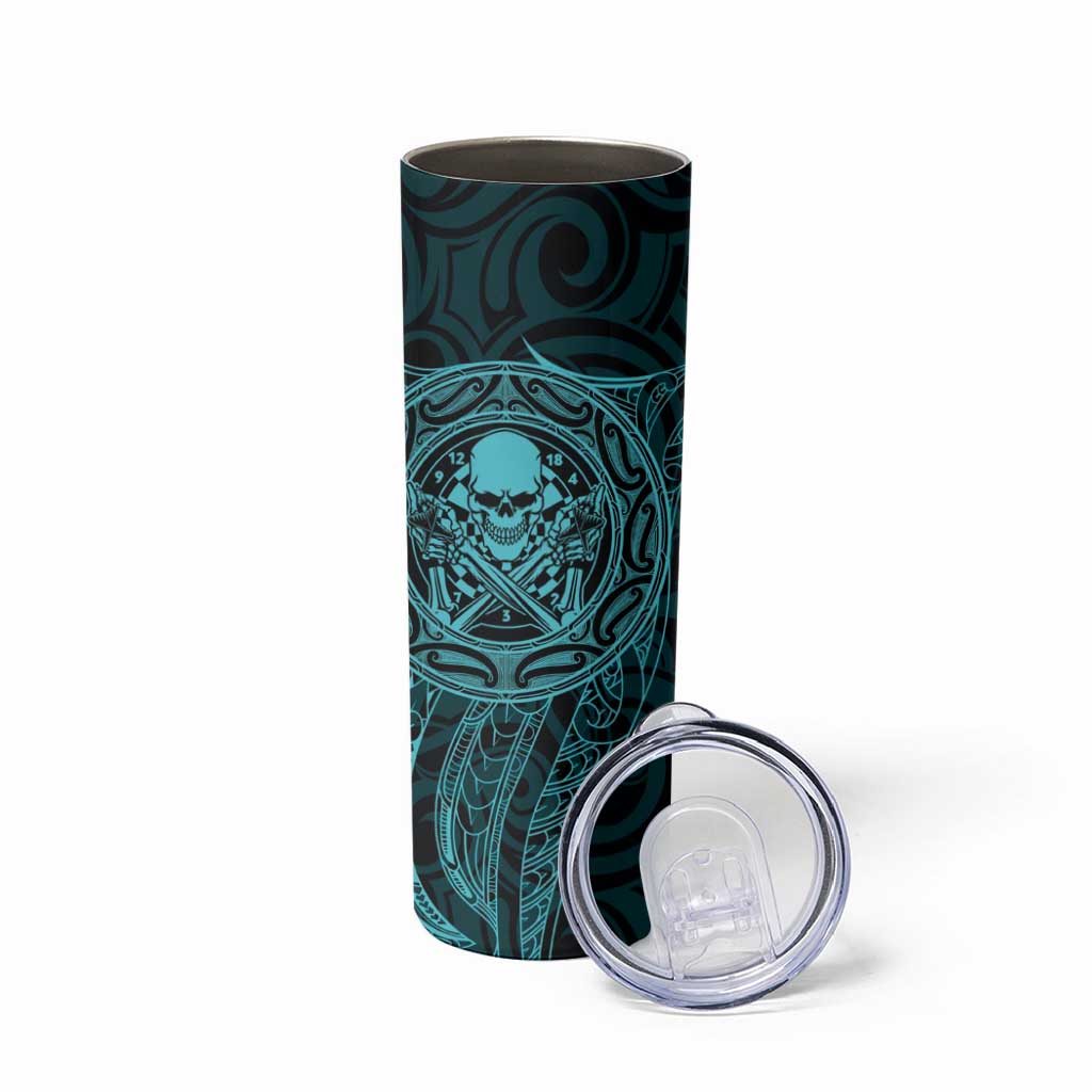 New Zealand Skull Darts Skinny Tumbler Aotearoa Maori Chest Tattoo Stylized Teal - Polynesian Pride
