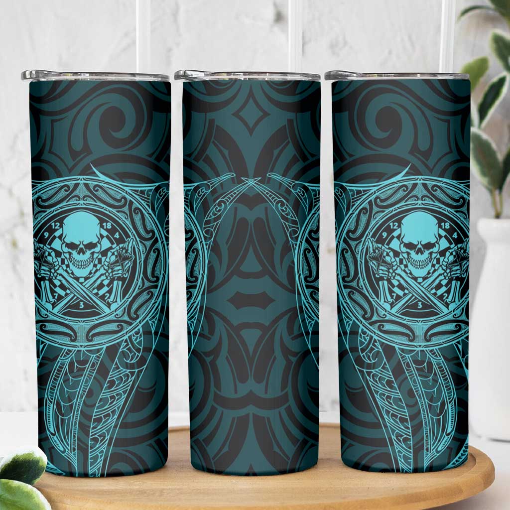 New Zealand Skull Darts Skinny Tumbler Aotearoa Maori Chest Tattoo Stylized Teal - Polynesian Pride
