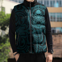 New Zealand Skull Darts Sleeveless Puffer Jacket Aotearoa Maori Chest Tattoo Stylized Teal - Polynesian Pride