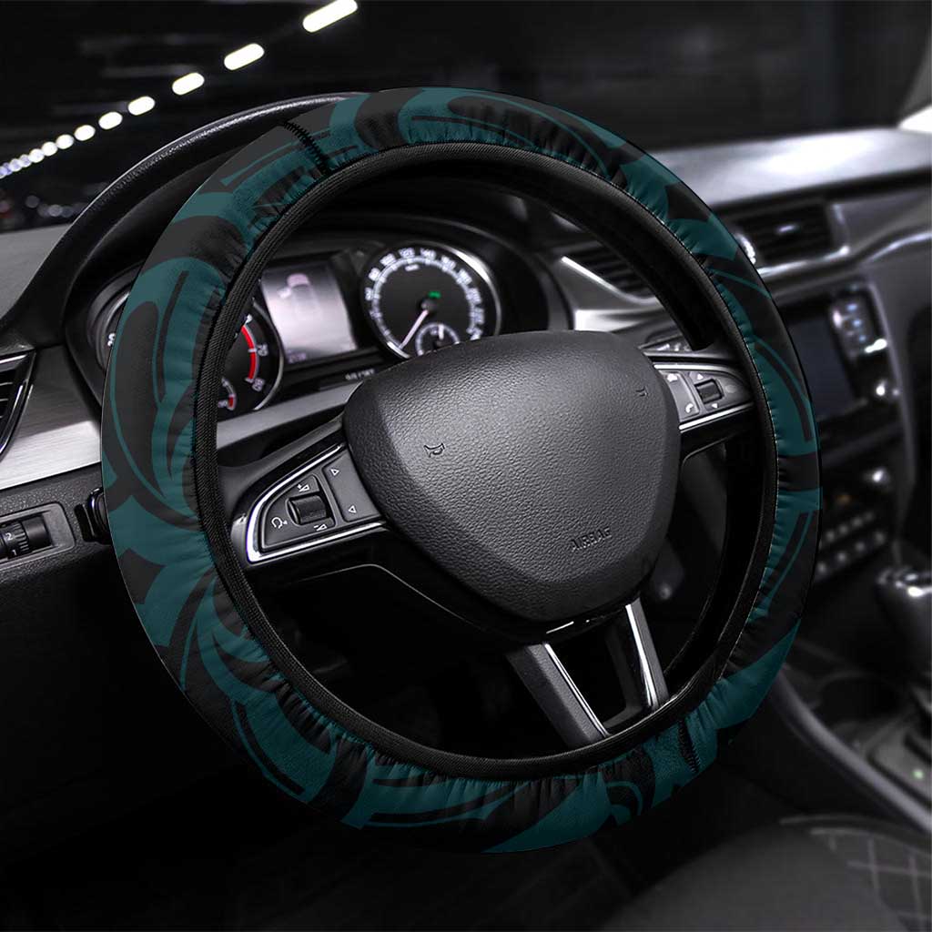 New Zealand Skull Darts Steering Wheel Cover Aotearoa Maori Chest Tattoo Stylized Teal - Polynesian Pride