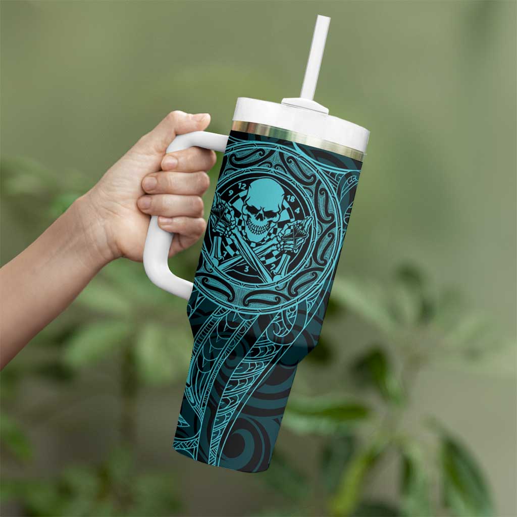 New Zealand Skull Darts Tumbler With Handle Aotearoa Maori Chest Tattoo Stylized Teal - Polynesian Pride