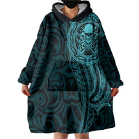 New Zealand Skull Darts Wearable Blanket Hoodie Aotearoa Maori Chest Tattoo Stylized Teal - Polynesian Pride