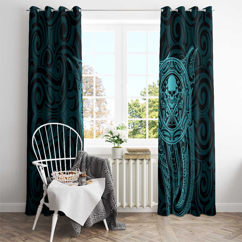 New Zealand Skull Darts Window Curtain Aotearoa Maori Chest Tattoo Stylized Teal - Polynesian Pride
