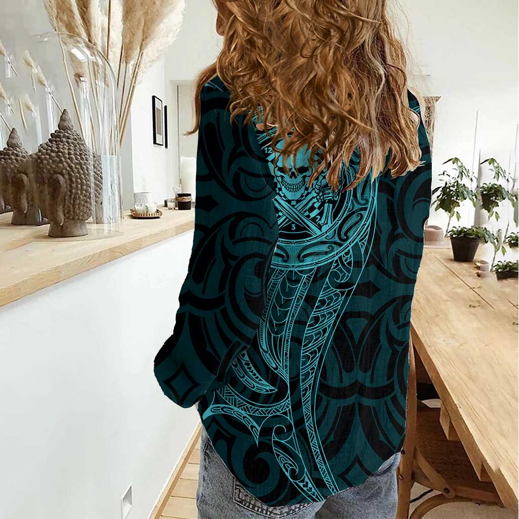 New Zealand Skull Darts Women Casual Shirt Aotearoa Maori Chest Tattoo Stylized Teal - Polynesian Pride