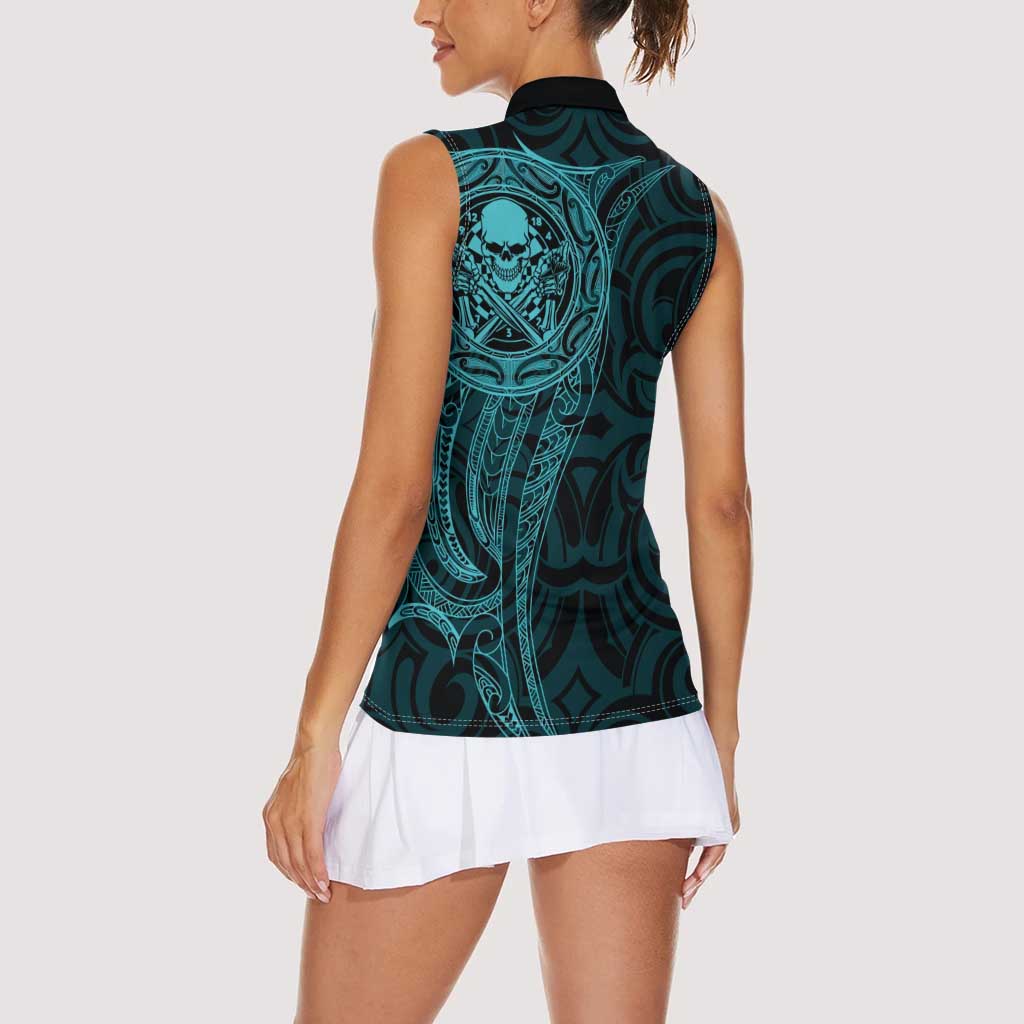 New Zealand Skull Darts Women Sleeveless Polo Shirt Aotearoa Maori Chest Tattoo Stylized Teal - Polynesian Pride