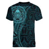 New Zealand Skull Darts Women V-Neck T-Shirt Aotearoa Maori Chest Tattoo Stylized Teal - Polynesian Pride