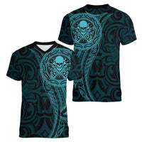 New Zealand Skull Darts Women V-Neck T-Shirt Aotearoa Maori Chest Tattoo Stylized Teal - Polynesian Pride
