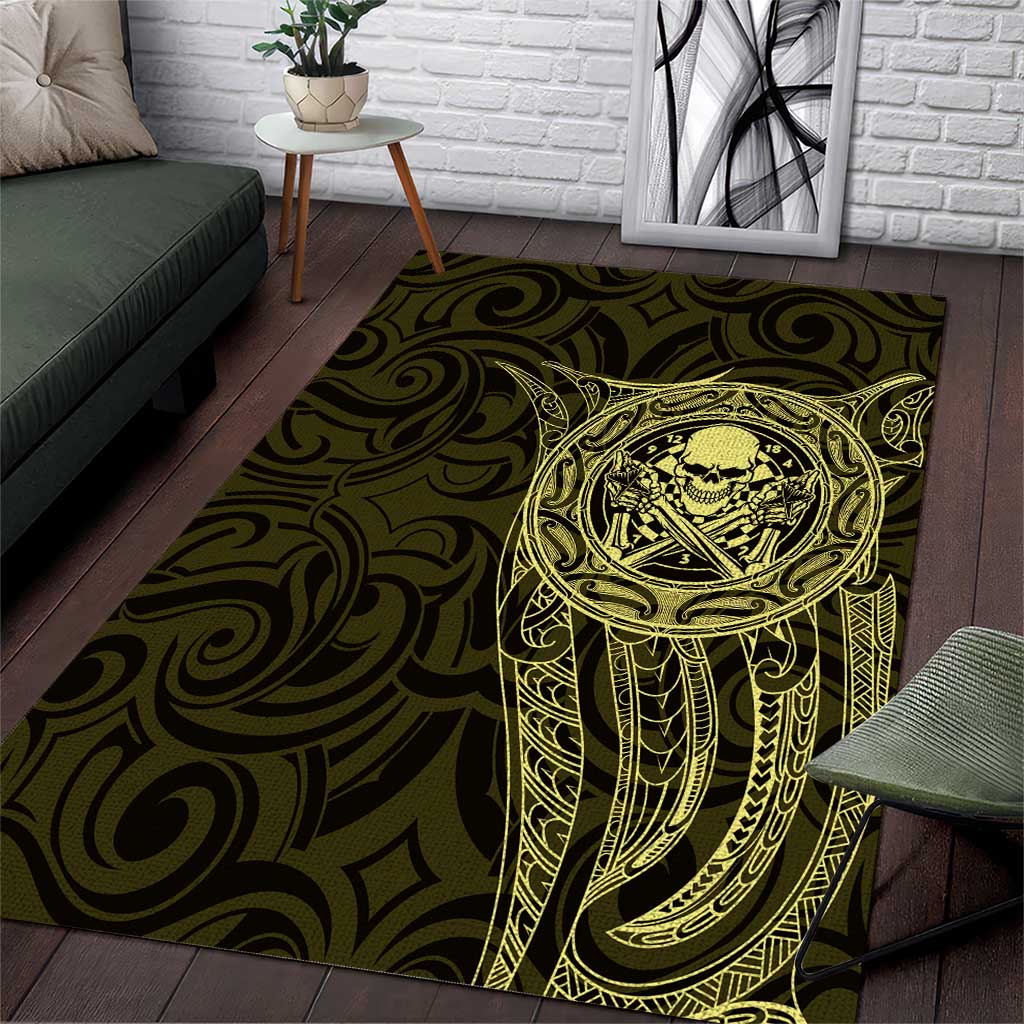 New Zealand Skull Darts Area Rug Aotearoa Maori Chest Tattoo Stylized Gold - Polynesian Pride