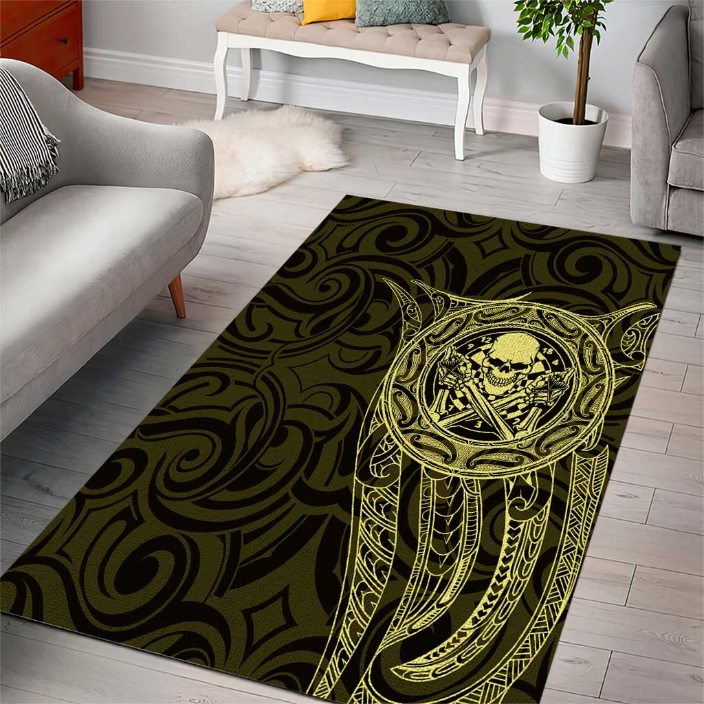 New Zealand Skull Darts Area Rug Aotearoa Maori Chest Tattoo Stylized Gold - Polynesian Pride