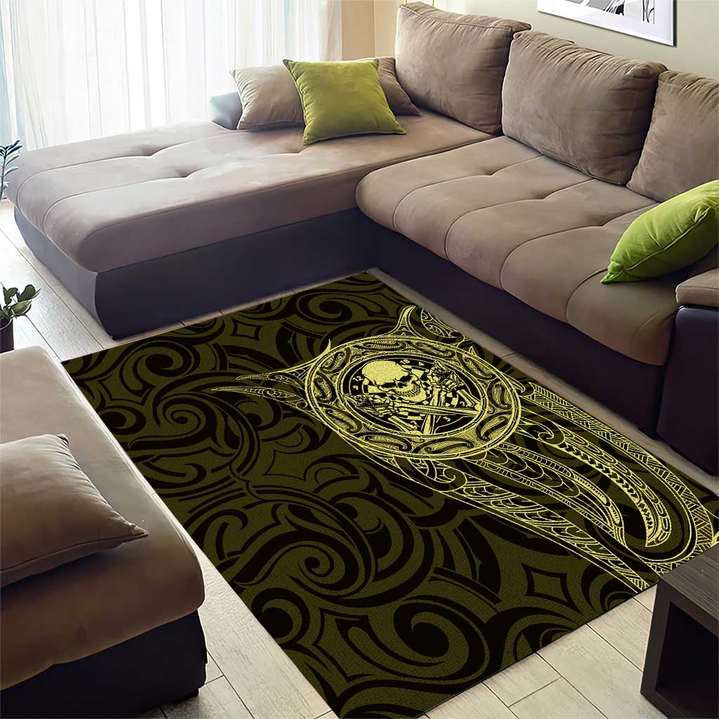 New Zealand Skull Darts Area Rug Aotearoa Maori Chest Tattoo Stylized Gold - Polynesian Pride