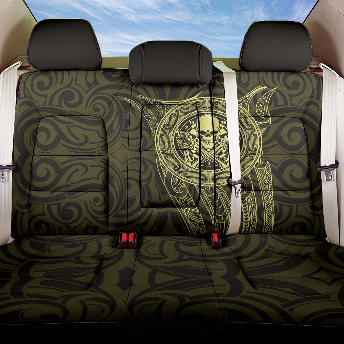 New Zealand Skull Darts Back Car Seat Cover Aotearoa Maori Chest Tattoo Stylized Gold - Polynesian Pride