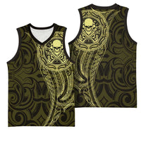 New Zealand Skull Darts Basketball Jersey Aotearoa Maori Chest Tattoo Stylized Gold - Polynesian Pride