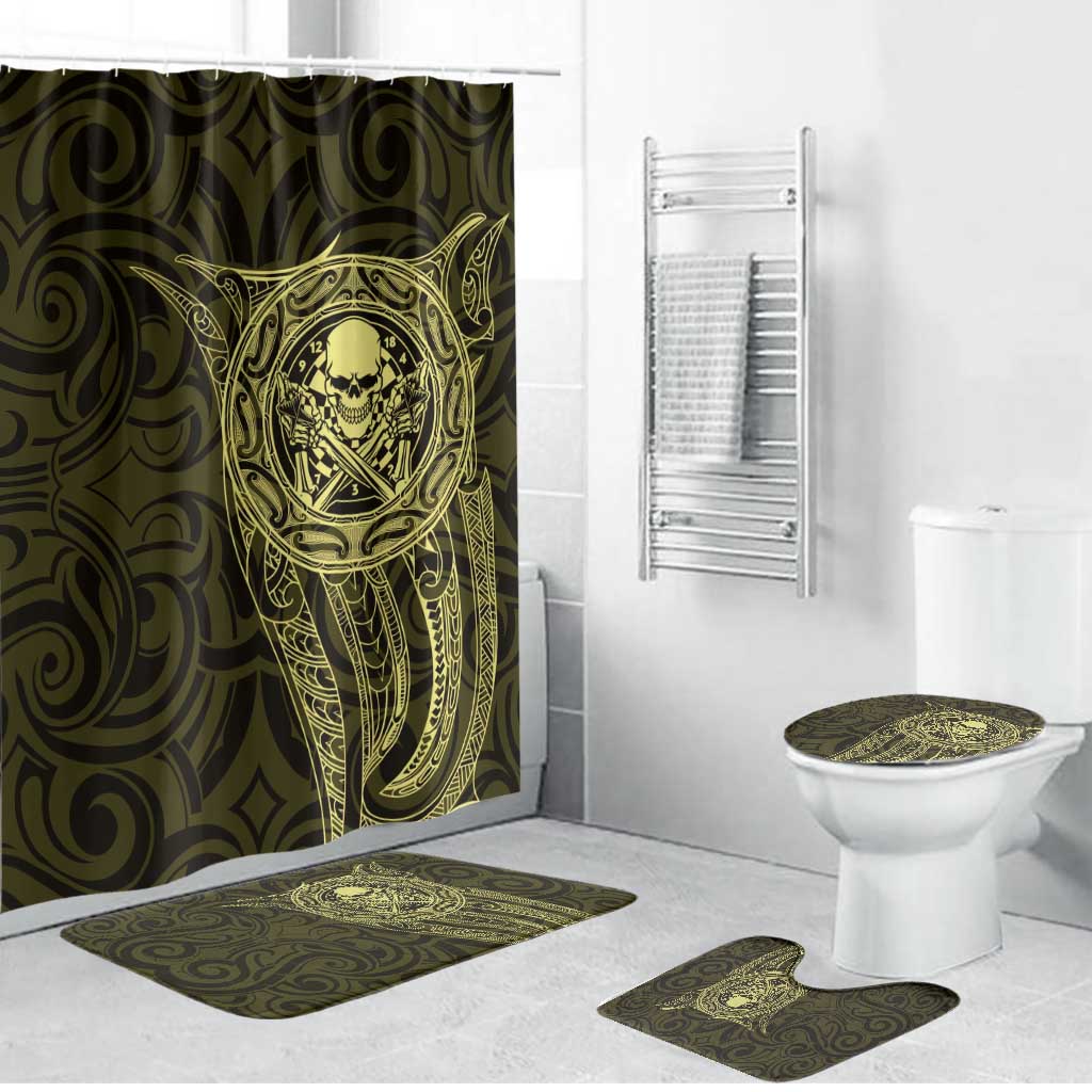 New Zealand Skull Darts Bathroom Set Aotearoa Maori Chest Tattoo Stylized Gold - Polynesian Pride