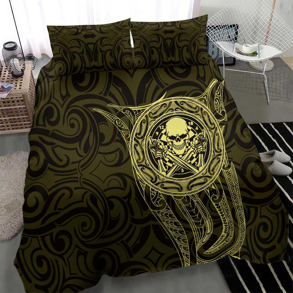 New Zealand Skull Darts Bedding Set Aotearoa Maori Chest Tattoo Stylized Gold - Polynesian Pride