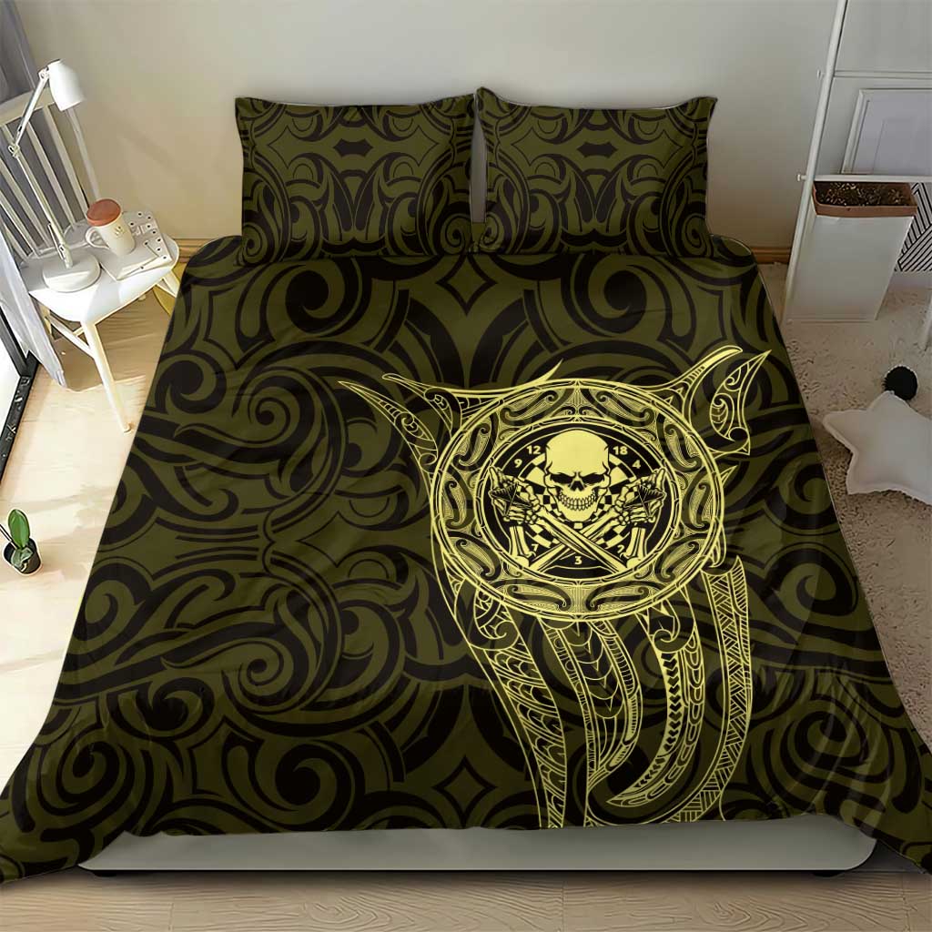 New Zealand Skull Darts Bedding Set Aotearoa Maori Chest Tattoo Stylized Gold - Polynesian Pride