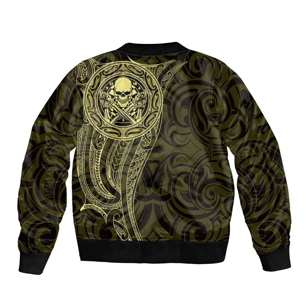 New Zealand Skull Darts Bomber Jacket Aotearoa Maori Chest Tattoo Stylized Gold - Polynesian Pride