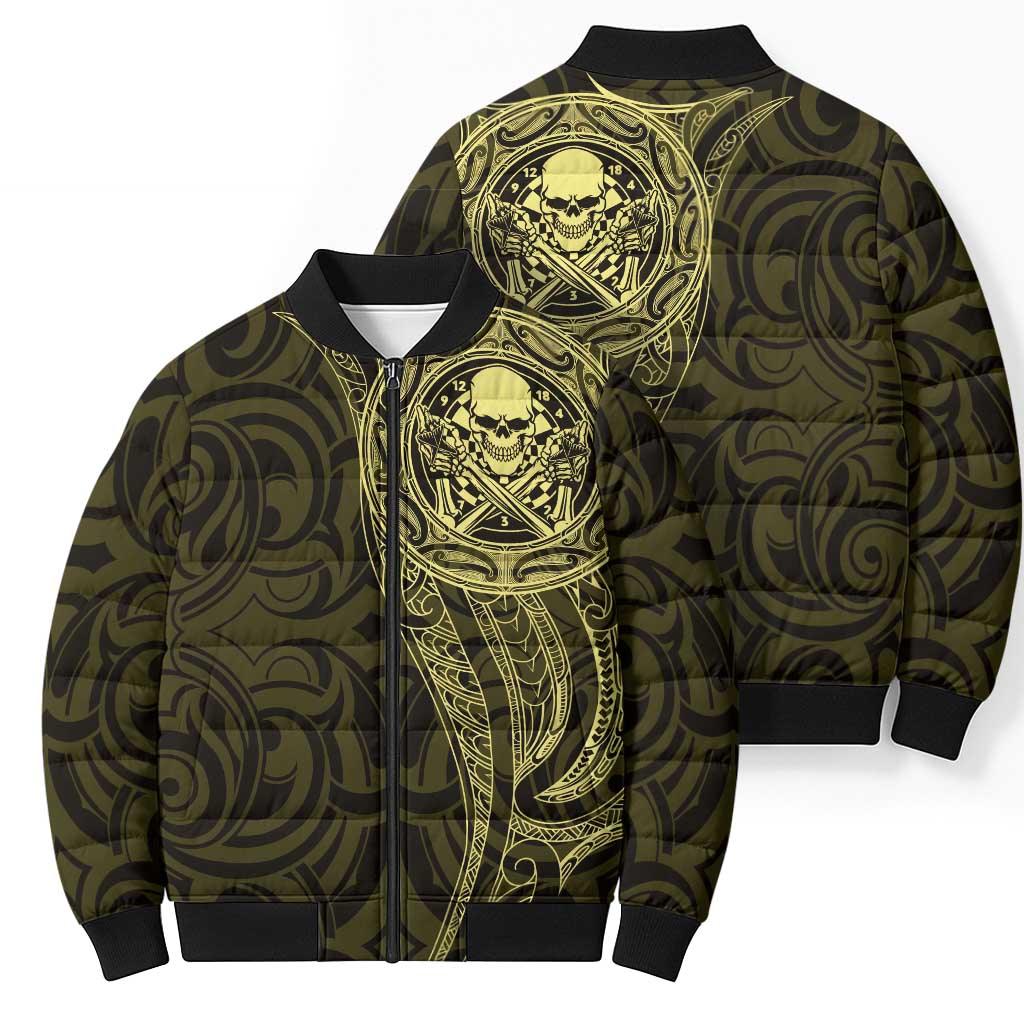 New Zealand Skull Darts Bomber Puffer Jacket Aotearoa Maori Chest Tattoo Stylized Gold - Polynesian Pride