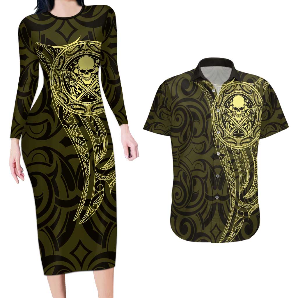 New Zealand Skull Darts Couples Matching Long Sleeve Bodycon Dress and Hawaiian Shirt Aotearoa Maori Chest Tattoo Stylized Gold - Polynesian Pride