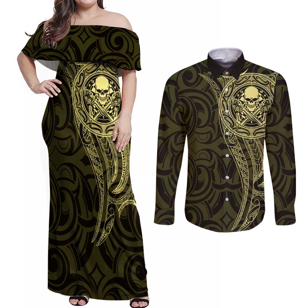 New Zealand Skull Darts Couples Matching Off Shoulder Maxi Dress and Long Sleeve Button Shirt Aotearoa Maori Chest Tattoo Stylized Gold - Polynesian Pride