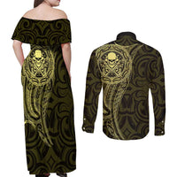 New Zealand Skull Darts Couples Matching Off Shoulder Maxi Dress and Long Sleeve Button Shirt Aotearoa Maori Chest Tattoo Stylized Gold - Polynesian Pride