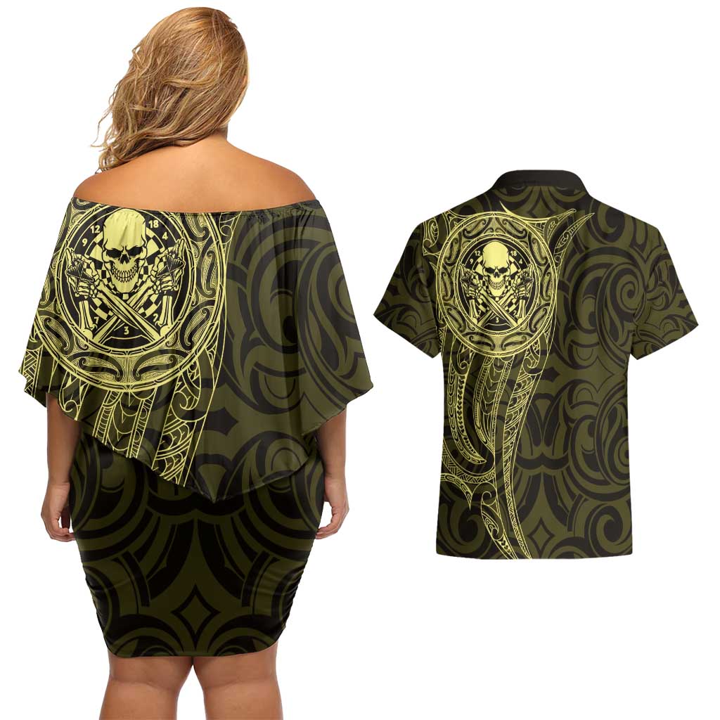 New Zealand Skull Darts Couples Matching Off Shoulder Short Dress and Hawaiian Shirt Aotearoa Maori Chest Tattoo Stylized Gold - Polynesian Pride