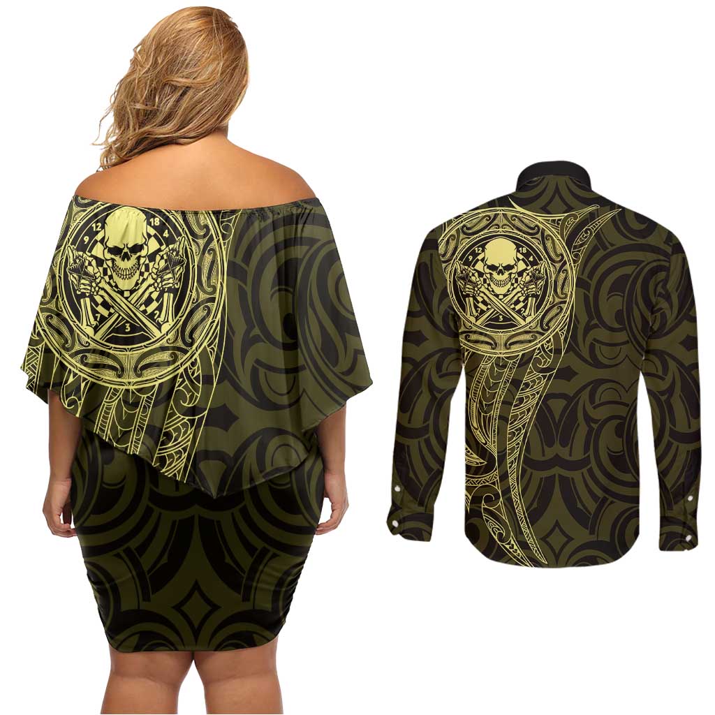 New Zealand Skull Darts Couples Matching Off Shoulder Short Dress and Long Sleeve Button Shirt Aotearoa Maori Chest Tattoo Stylized Gold - Polynesian Pride
