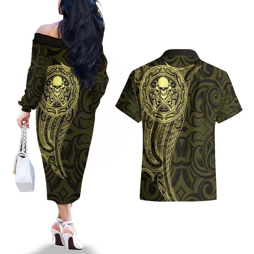 New Zealand Skull Darts Couples Matching Off The Shoulder Long Sleeve Dress and Hawaiian Shirt Aotearoa Maori Chest Tattoo Stylized Gold - Polynesian Pride