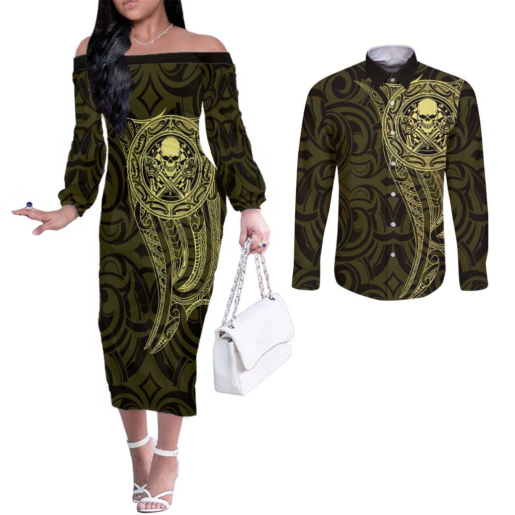 New Zealand Skull Darts Couples Matching Off The Shoulder Long Sleeve Dress and Long Sleeve Button Shirt Aotearoa Maori Chest Tattoo Stylized Gold - Polynesian Pride