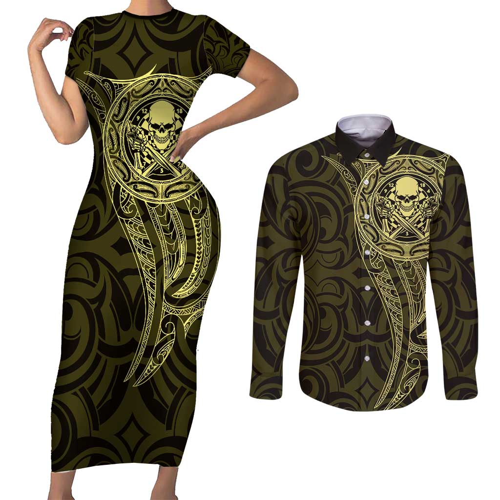 New Zealand Skull Darts Couples Matching Short Sleeve Bodycon Dress and Long Sleeve Button Shirt Aotearoa Maori Chest Tattoo Stylized Gold - Polynesian Pride