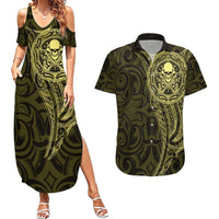New Zealand Skull Darts Couples Matching Summer Maxi Dress and Hawaiian Shirt Aotearoa Maori Chest Tattoo Stylized Gold - Polynesian Pride