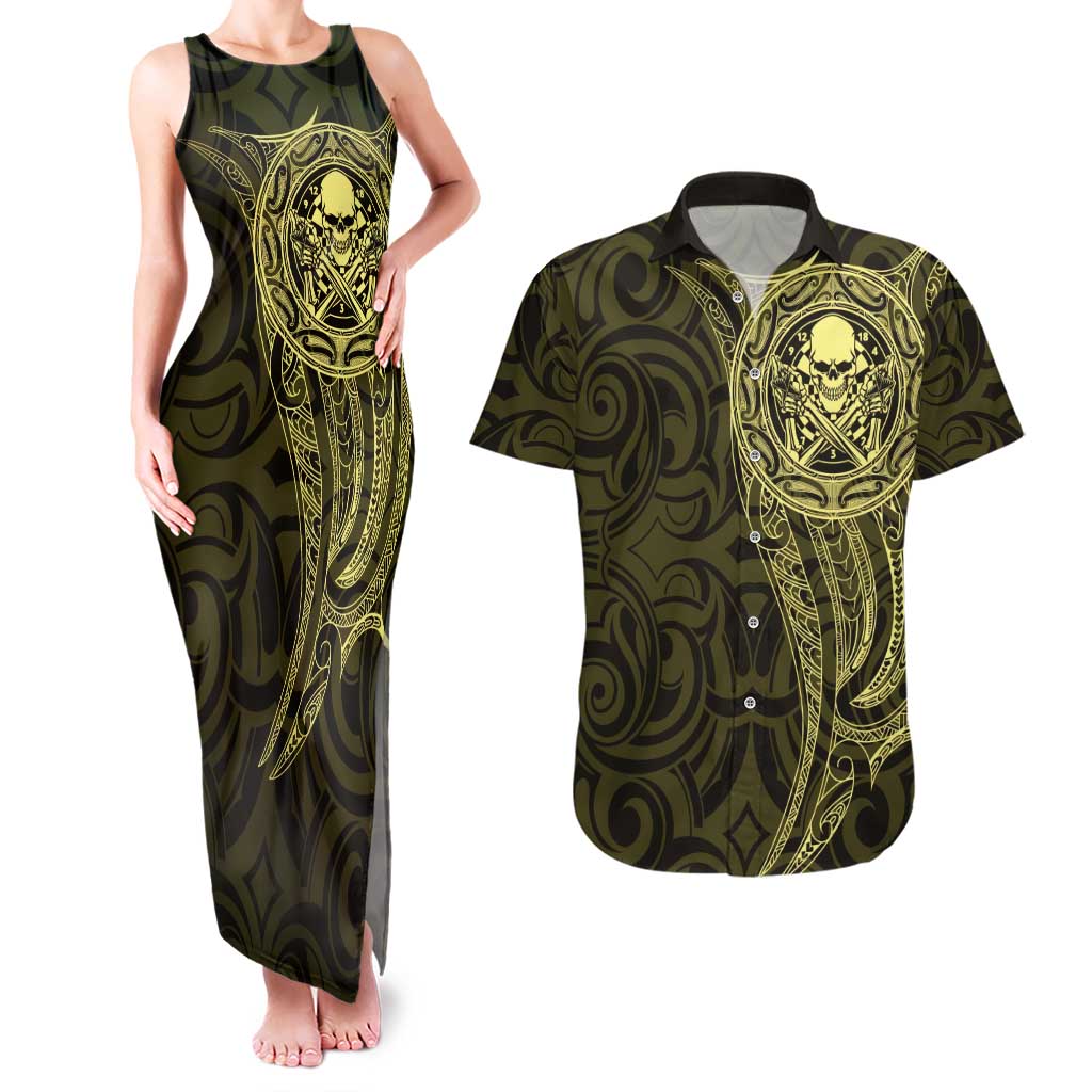 New Zealand Skull Darts Couples Matching Tank Maxi Dress and Hawaiian Shirt Aotearoa Maori Chest Tattoo Stylized Gold - Polynesian Pride