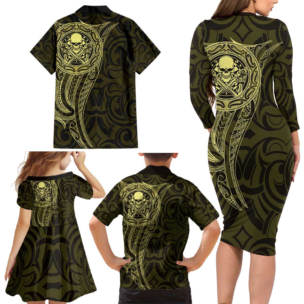 New Zealand Skull Darts Family Matching Long Sleeve Bodycon Dress and Hawaiian Shirt Aotearoa Maori Chest Tattoo Stylized Gold - Polynesian Pride
