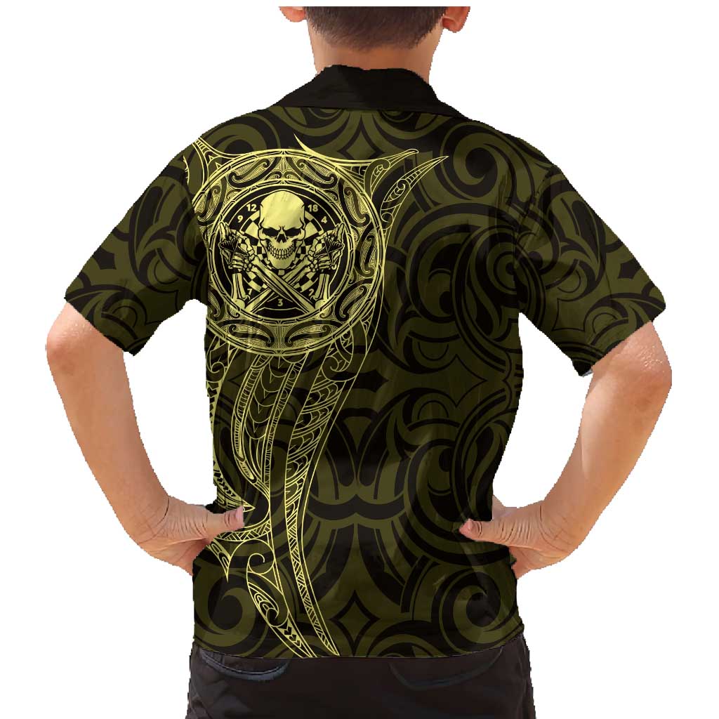 New Zealand Skull Darts Family Matching Mermaid Dress and Hawaiian Shirt Aotearoa Maori Chest Tattoo Stylized Gold - Polynesian Pride
